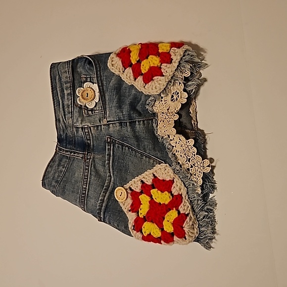Hand Crafted Upcycled Denim Crochet Shorts Granny Square Handmade High rise 29 - Picture 16 of 17